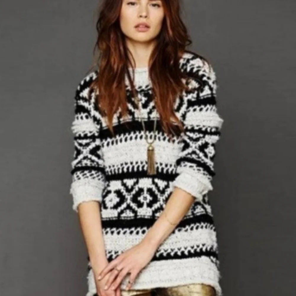 Free people oversized chunky knit print sweater size large - Picture 2 of 9